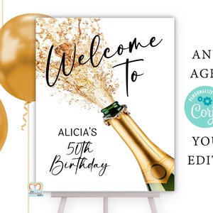 50th birthday welcome sign champagne editable party sign personalised 50 birthday welcome board printable welcome to party sign pdf