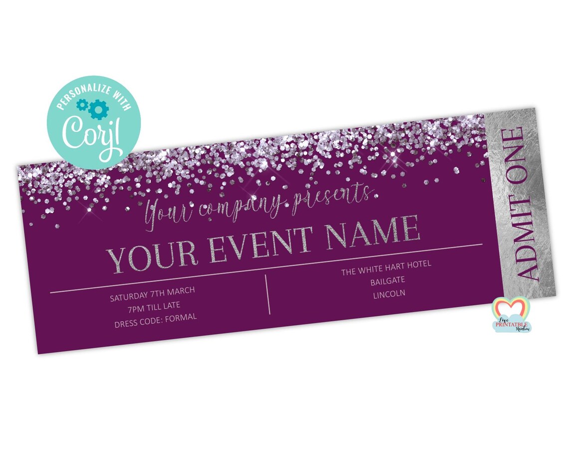 Purple Silver Event Ticket Editable Prom Template (digital Download
