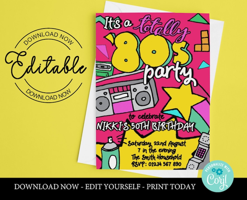 80s Birthday Party Invitation Template Instant Download Edit Invitation Online with Corjl 80s Themed Invitations