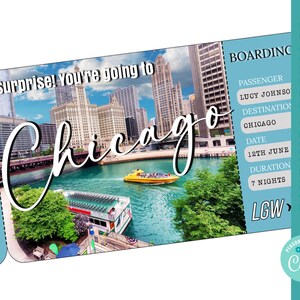 Modello di carta d'imbarco per Chicago viaggio a Chicago biglietto aereo stampabile carta d'imbarco modificabile biglietto personalizzato a sorpresa di compleanno corjl