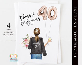 cheers to 40 years 40th birthday card custom portrait 40 birthday instant download diy 40th birthday card printable for her champagne
