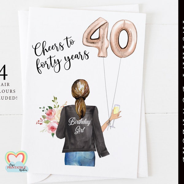 cheers to 40 years 40th birthday card custom portrait 40 birthday instant download diy 40th birthday card printable for her champagne