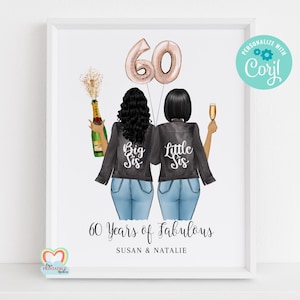Cadeau 60e anniversaire soeur imprimable art mural 60e anniversaire personnalisé 60 ans fabuleux portrait personnalisé bricolage grande soeur petite soeur carte