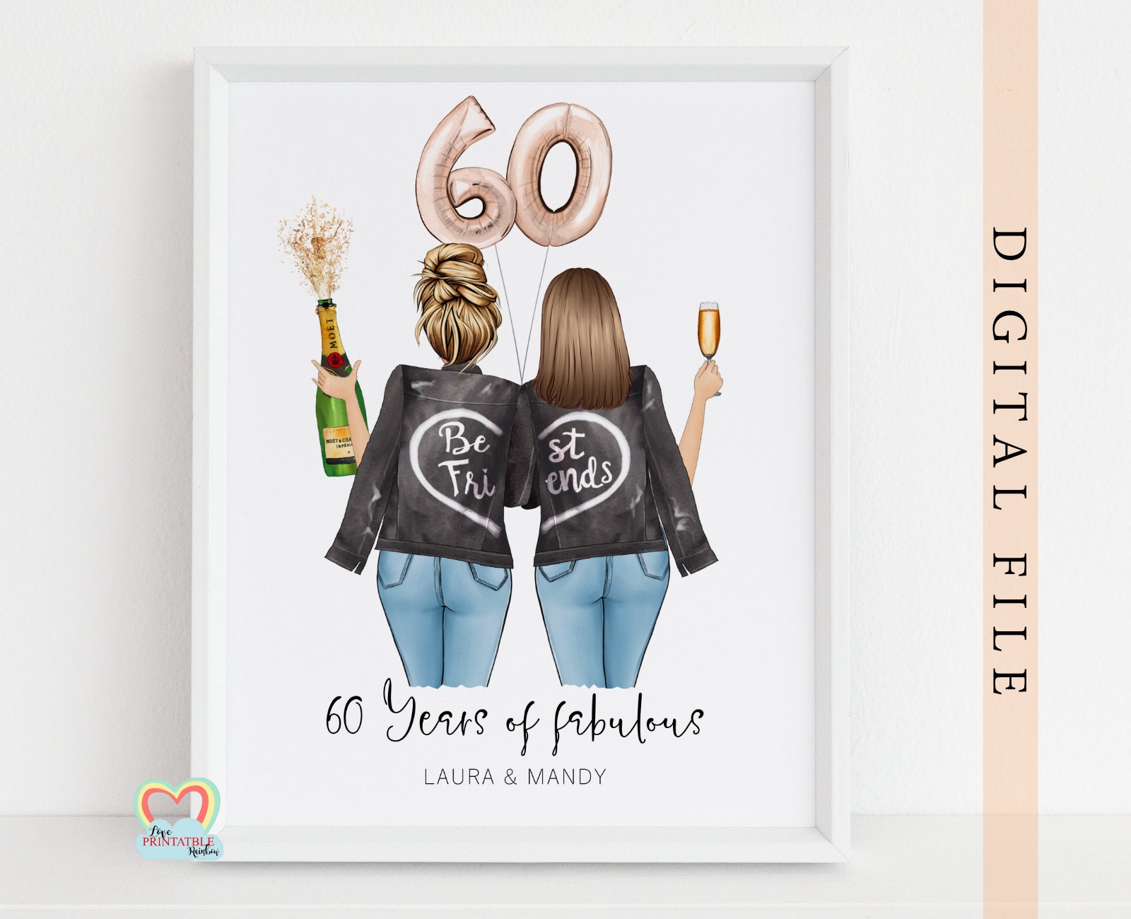 best friend 60th birthday gift printable personalised 60th birthday wall art 60 years of fabulous custom portrait diy custom birthday print