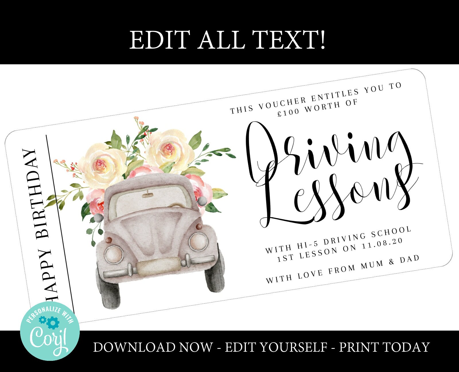 Driving Lessons Gift Voucher Printable Driving Lesson Voucher Etsy