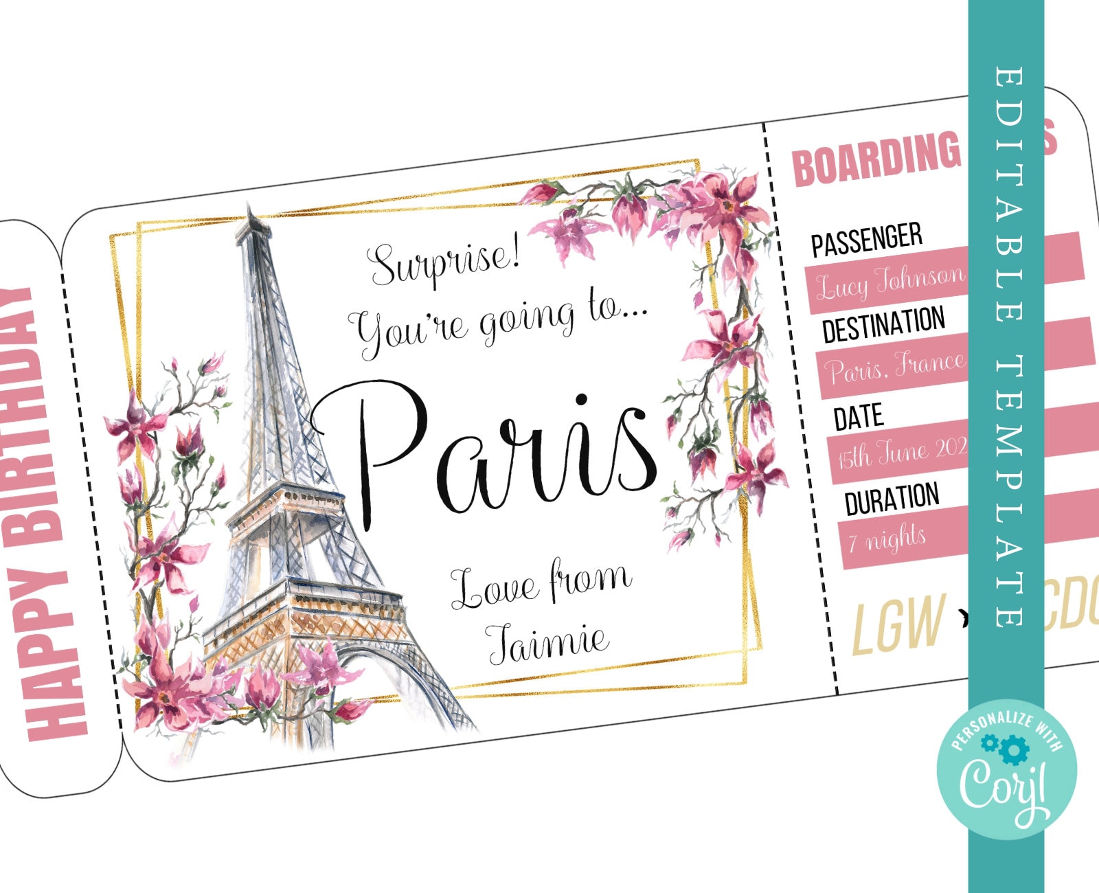 Paris Boarding Pass Template Trip to France Airplane Ticket Etsy