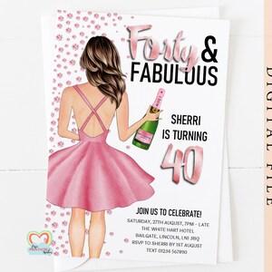 rose gold forty and fabulous personalised 40th birthday invitation for her custom portrait birthday invite for her 40 years text digital