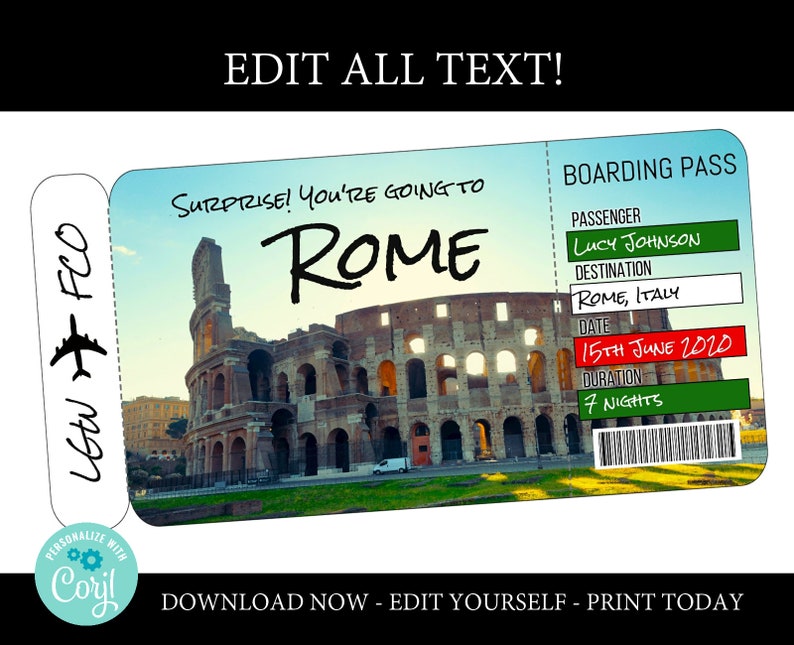 Rome boarding pass template trip to Italy airplane ticket Etsy