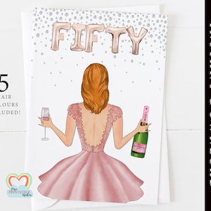 Carte des 50 ans, portrait personnalisé des 50 ans, téléchargement immédiat, bricolage, carte des 50 ans à imprimer pour elle, champagne, meilleur ami, signe des 50