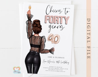 personalised 40th birthday invitation template custom portrait birthday invite for her cheers to 40 years editable invitation template