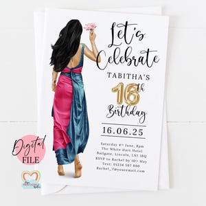 Convite de 16 anos indiano de Bollywood | Convite para festa asiática para impressão | Download digital editável | Convite para sári de menina lótus