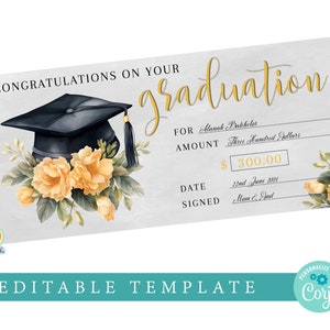 Assegno regalo di laurea. Assegno in bianco stampabile. Euro, sterline e dollari. Congratulazioni per aver superato gli esami. Stampa a casa un regalo monetario
