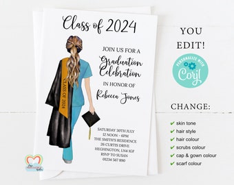nurse graduation invite printable personalised graduation party invitation template editable class of 2023 2024 GIRL graduate celebration
