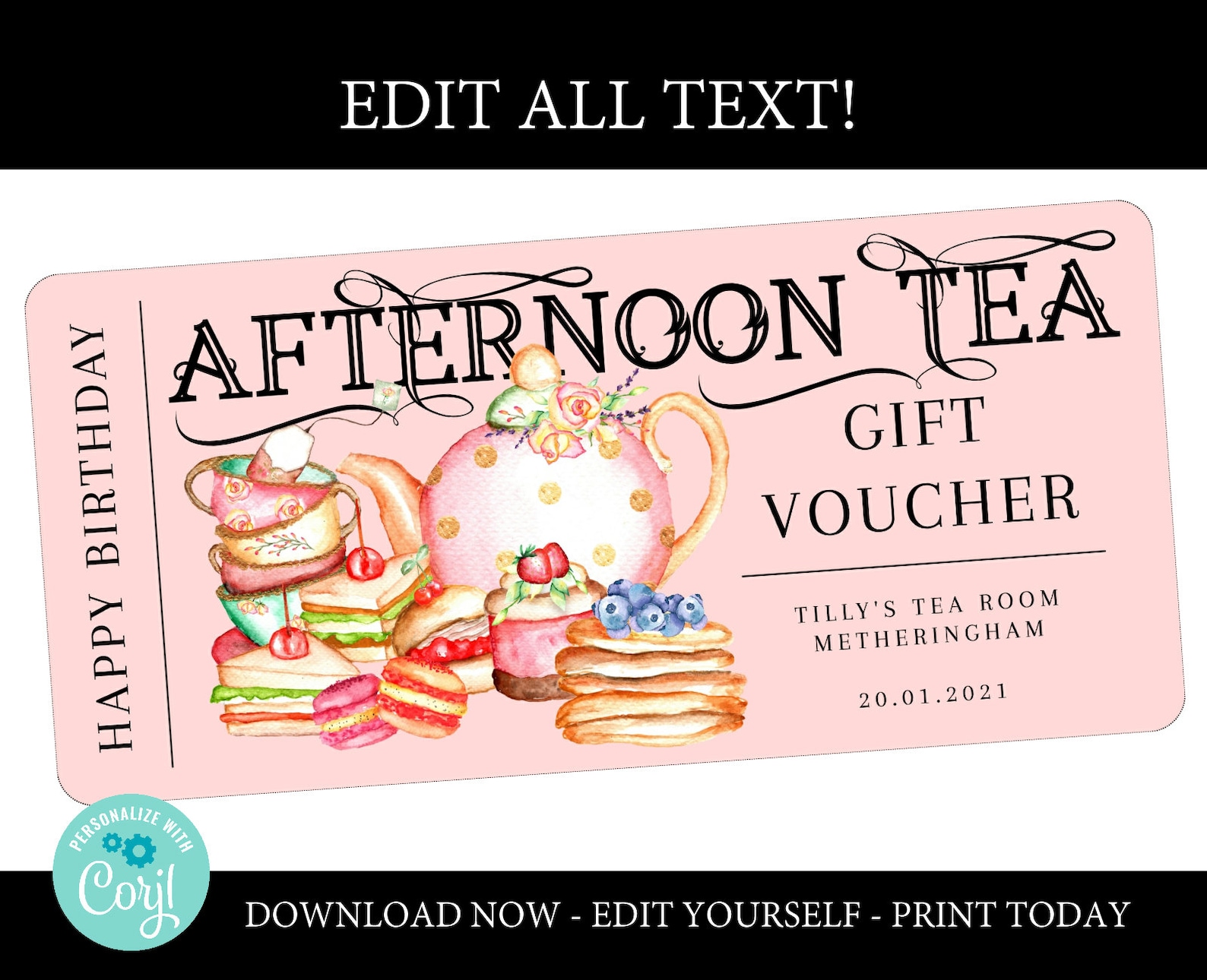 Afternoon tea gift voucher printable editable template high | Etsy