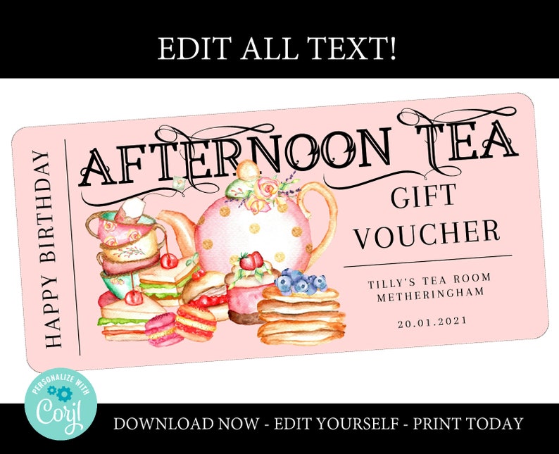Afternoon tea gift voucher printable editable template high Etsy