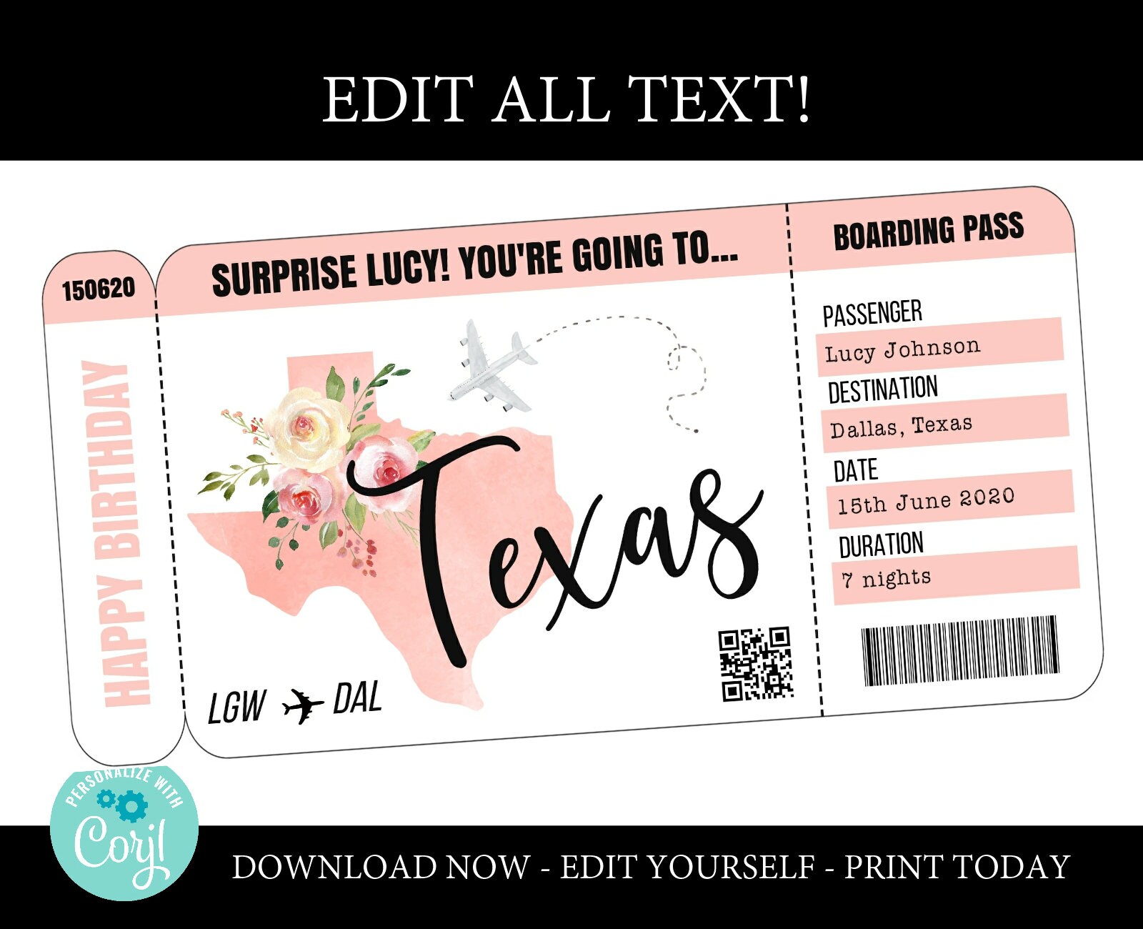 Texas boarding pass template trip to Dallas airplane ticket Etsy