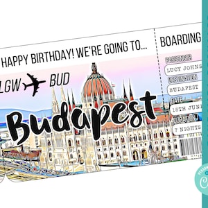 BUDAPEST carte d'embarquement modèle voyage à budapest billet d'avion imprimable modifiable carte d'embarquement anniversaire surprise billet personnalisé corjl