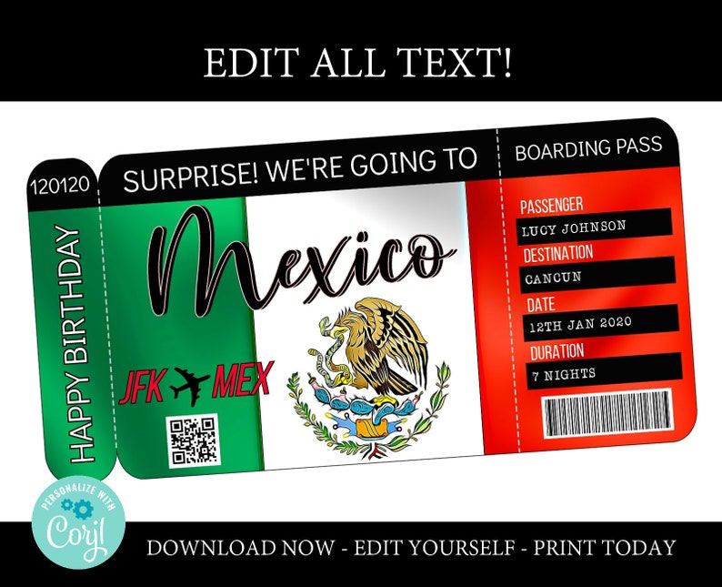 Mexico boarding pass template trip to cancun airplane ticket Etsy
