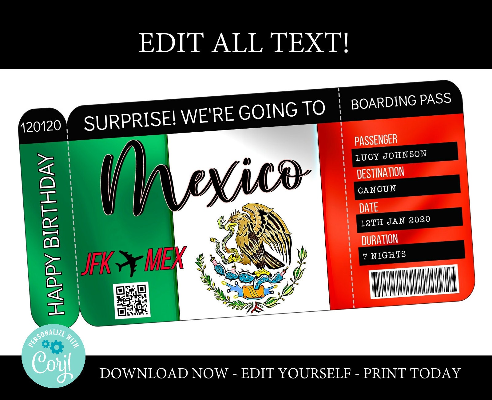 Mexico boarding pass template trip to cancun airplane ticket Etsy