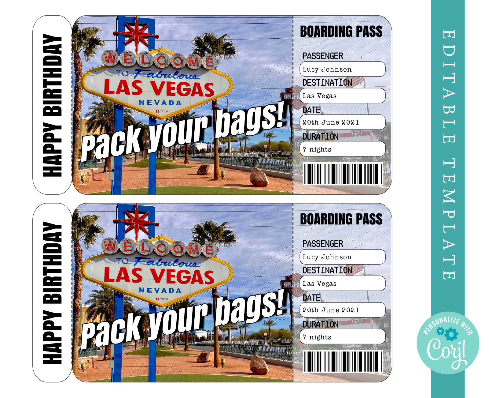 Las Vegas Boarding Pass Boarding Birthday to Ticket Custom Pass Vegas Las Printable Template Airplane Etsy Surprise Editable Trip Christmas 