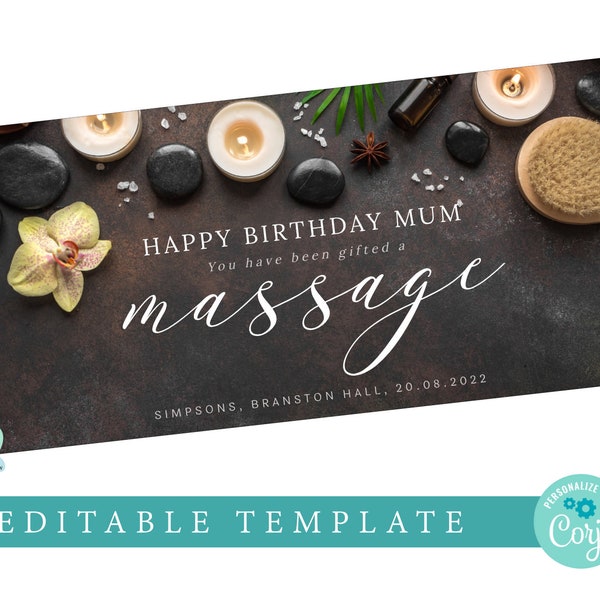 massage gift voucher certificate printable editable template anniversary gift printable personalised birthday massage surprise mum friend