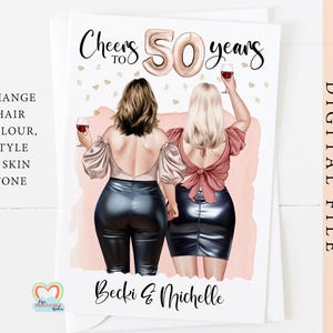 Personalisierte 50.Geburtstagskarte für Zwillinge, beste Freunde oder Schwestern - anpassbare digitale Grußkarte - print at home PDF