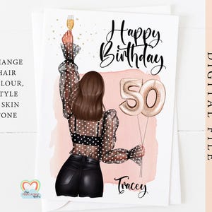 Cartão de aniversário de 50 anos digital personalizado para filha, irmã, melhor amiga ou prima – personalizável e digital Download - imprimir em casa PDF