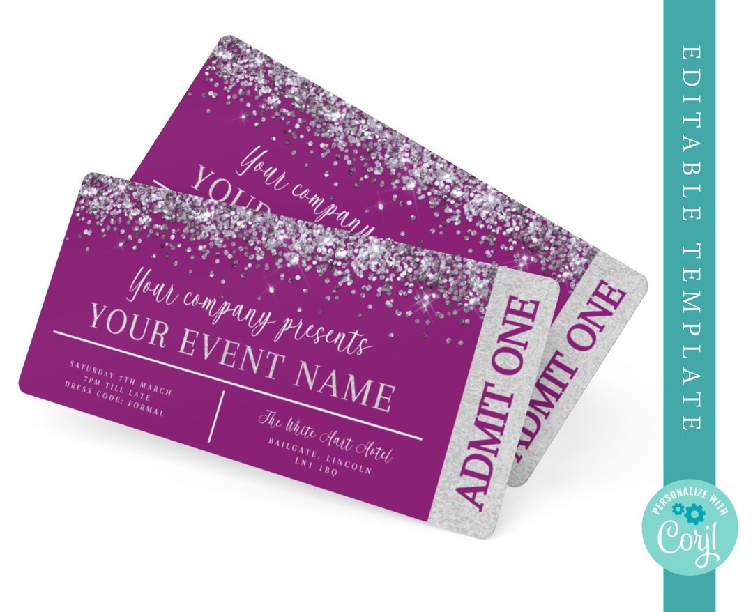 Purple Silver Event Ticket Editable Prom Template (digital Download