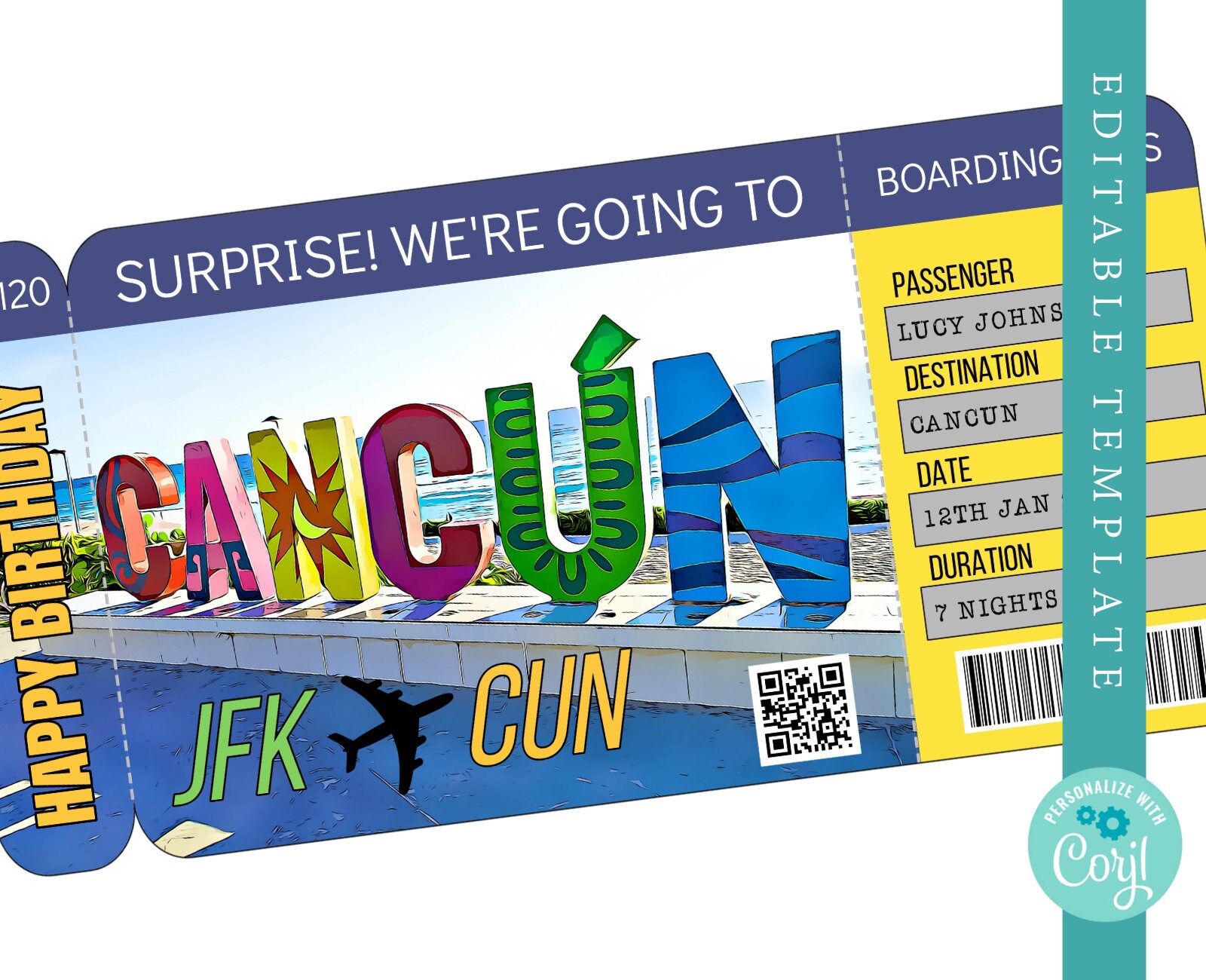 Cancun Boarding Pass Template Trip to Mexico Airplane Ticket Etsy