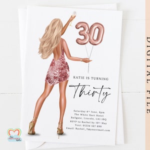 Modèle d&#39;invitation 30e anniversaire en or rose, portrait personnalisé, invitation d&#39;anniversaire pour elle, invitation numérique à la mode fille glamour à imprimer