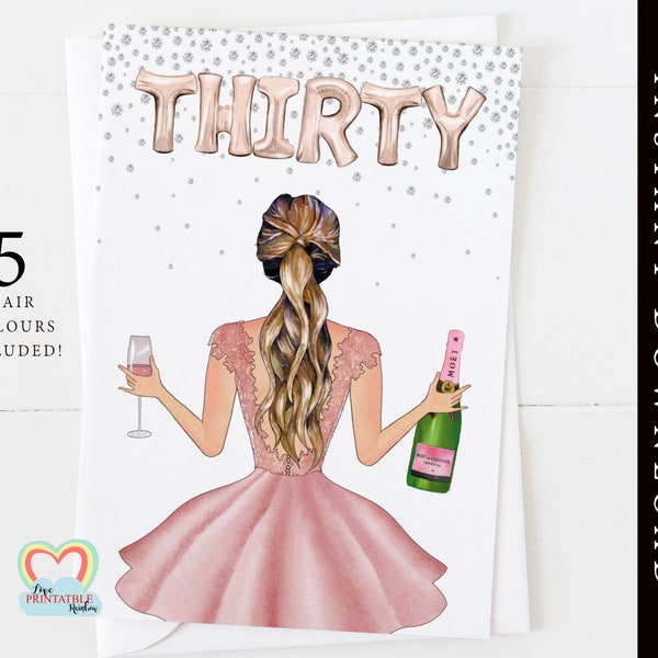 30th birthday card custom portrait 30 birthday instant download diy 30th birthday card printable for her champagne best friend 30 sign
