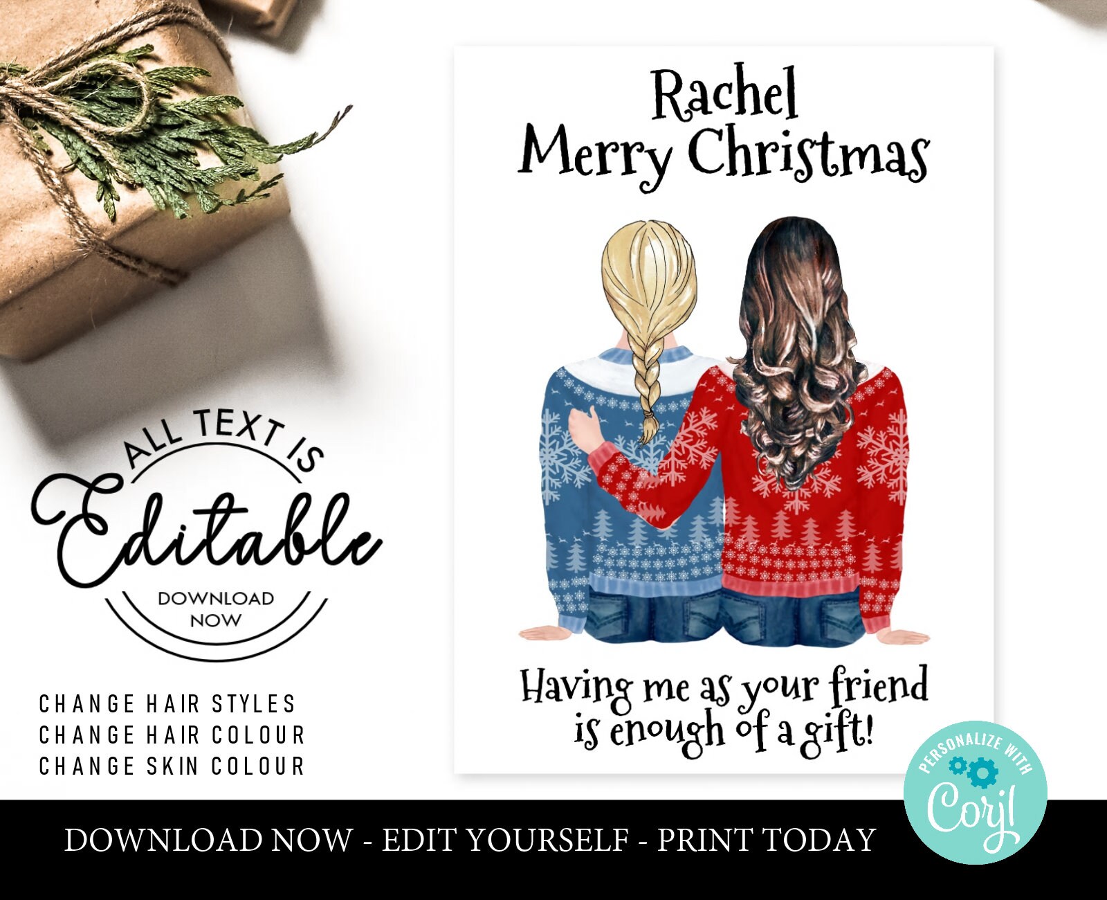 Best friend christmas card printable diy christmas card best  Etsy