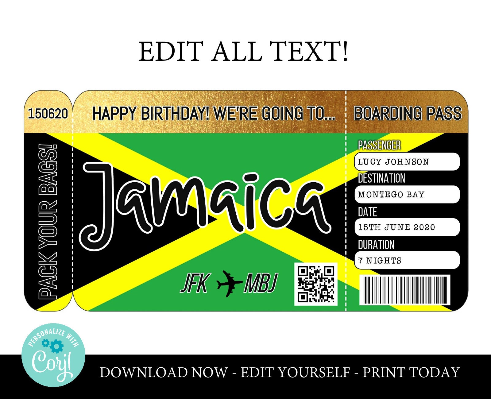 JAMAICA boarding pass template trip to Montego Bay airplane Etsy