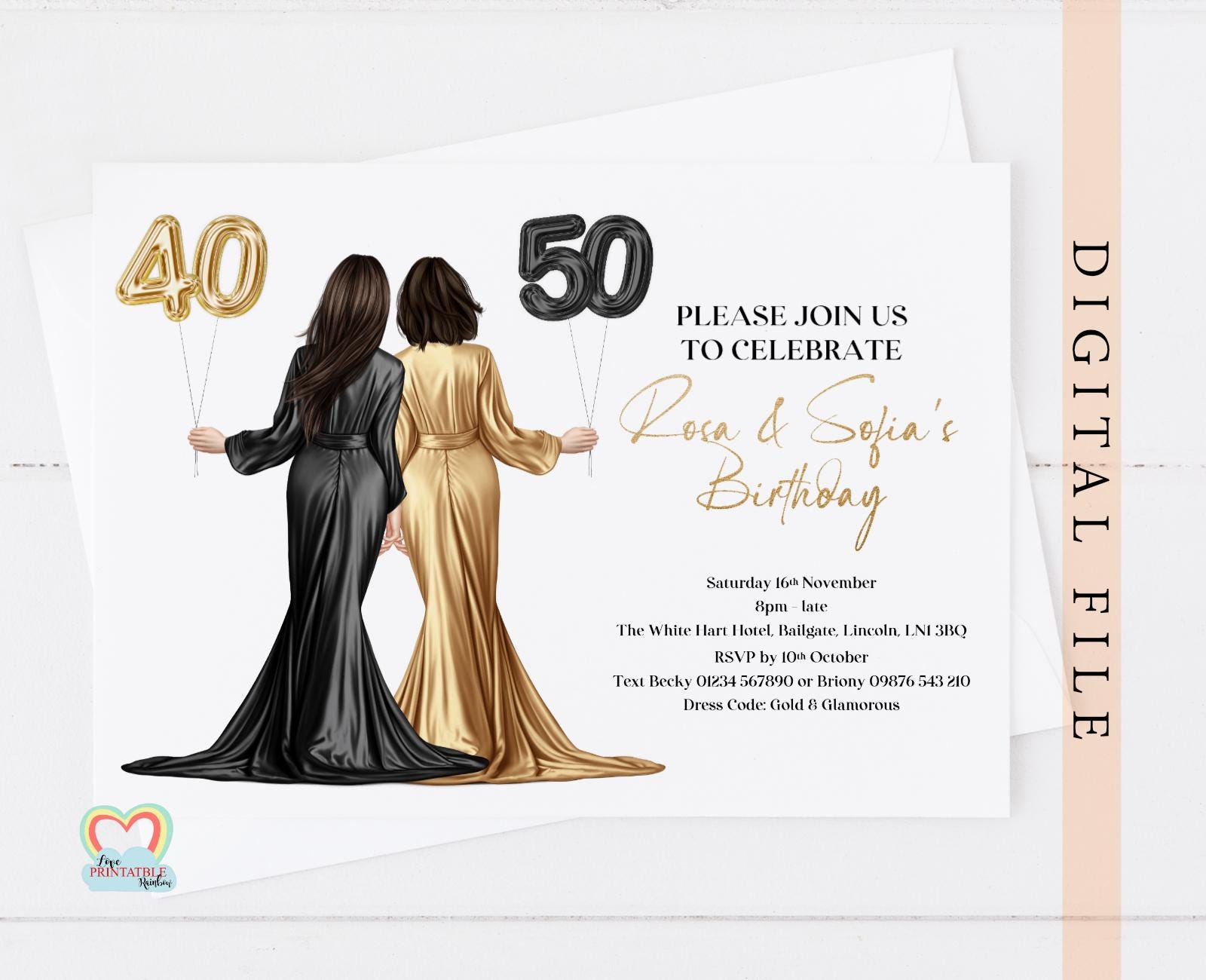 black gold joint birthday party digital printable sisters invite invitation download diy joint birthday party flyer twins birthday invite