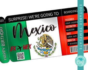 mexico boarding pass template trip to cancun airplane ticket printable editable boarding pass birthday surprise custom ticket corjl