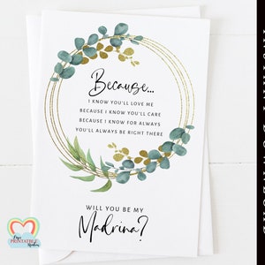 Seras-tu ma carte madrina imprimable parce que je sais que tu m'aimes proposition de poème madrina feuilles d'eucalyptus or couronne florale moderne