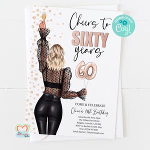 60th birthday invitation template custom portrait birthday invite for her cheers to 60 years editable invitation template sixty years