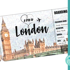 Plantilla de tarjeta de embarque de Londres viaje a Londres boleto de avión imprimible tarjeta de embarque editable sorpresa de cumpleaños boleto personalizado corjl