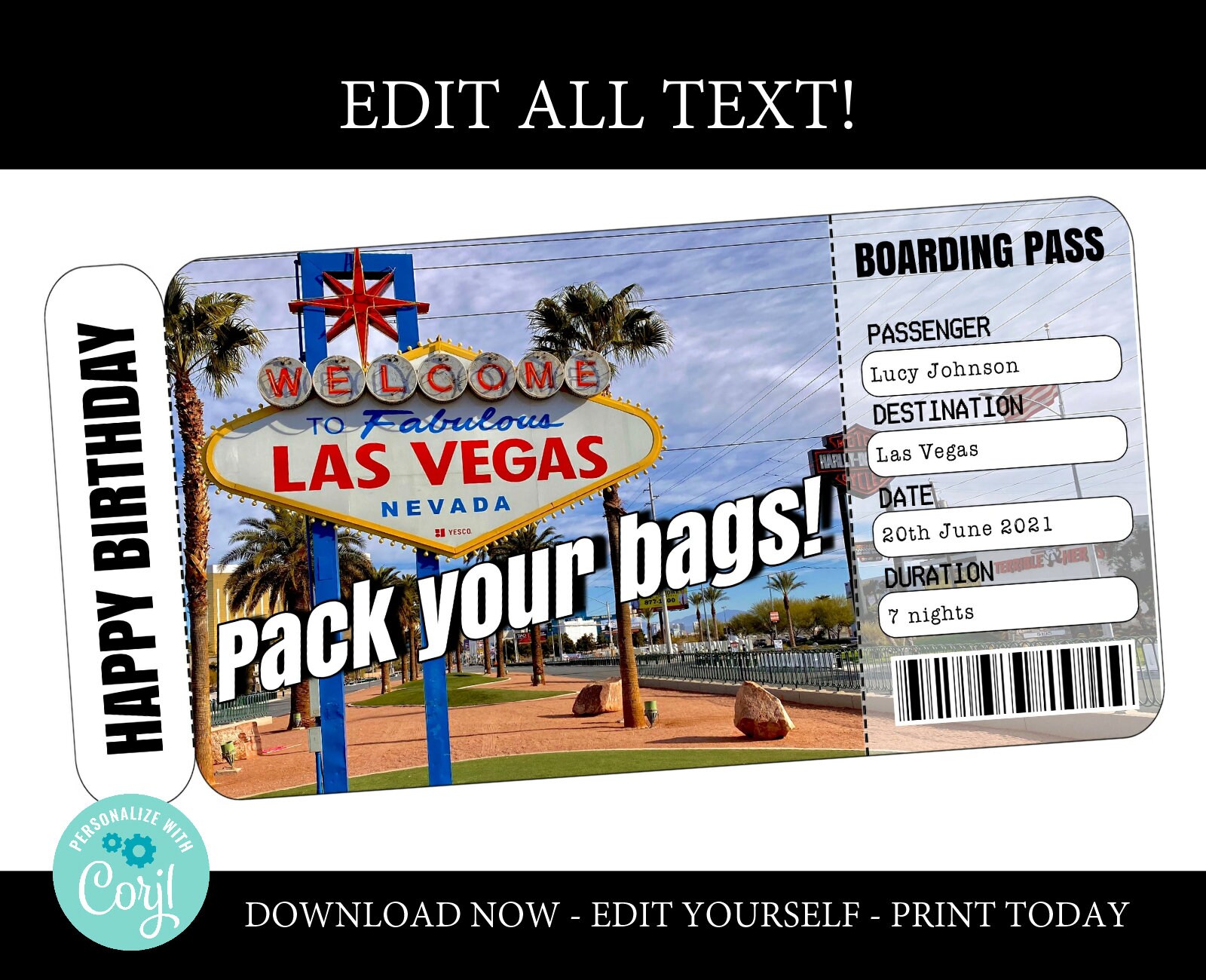Las Vegas boarding pass template trip to Las Vegas airplane Etsy