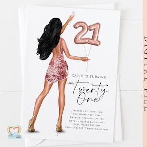 Modèle d'invitation 21e anniversaire en or rose, portrait personnalisé, invitation d'anniversaire pour elle, invitation numérique tendance fille glamour à imprimer