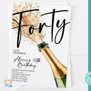 Invitation 40e anniversaire imprimable champagne or modèle modifiable 40 40e 40e anniversaire, invitez pour lui son invitation numérique bricolage corjl 40e