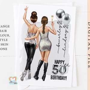 Carte personnalisée imprimable du 50e anniversaire pour des jumeaux, des meilleurs amis ou des soeurs - Carte de voeux numérique personnalisable - à imprimer à la maison PDF