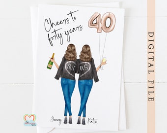 TWINS 40th birthday card printable personalised twin sisters 40th birthday card cheers to 40 years custom portrait corjl custom card,