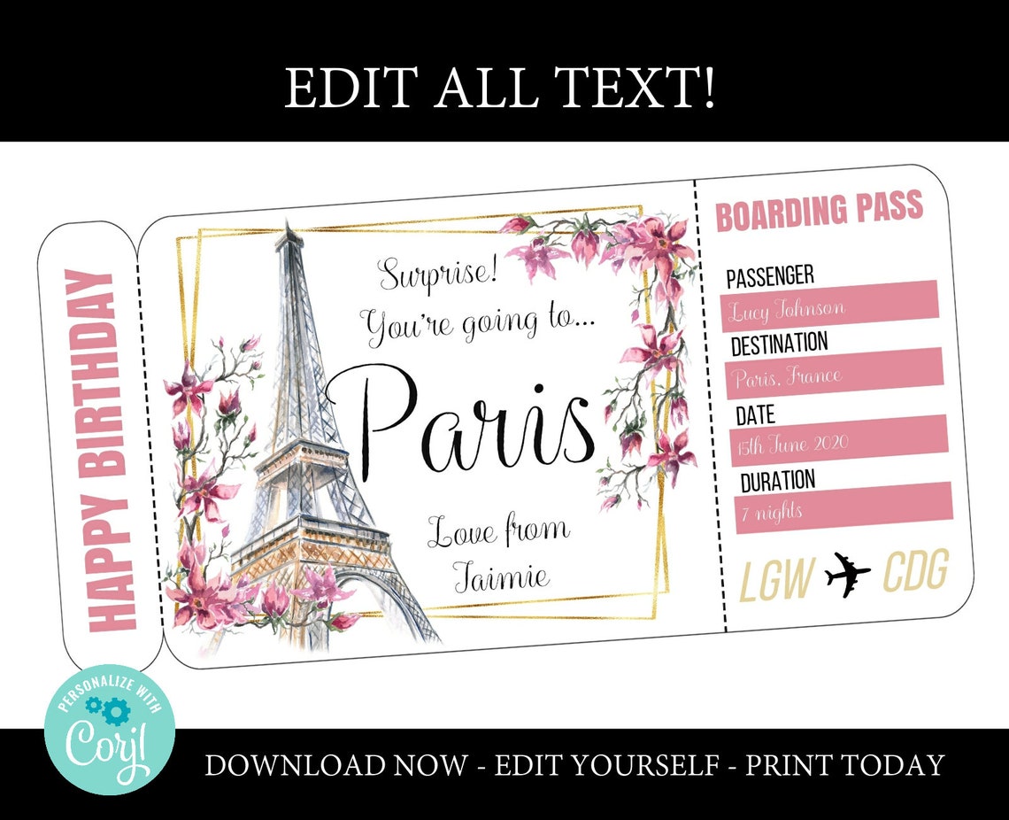 Paris boarding pass template trip to France airplane ticket Etsy