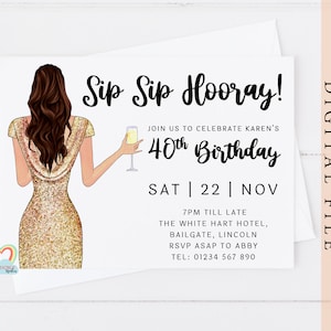 personalised 40th birthday invitation template custom portrait birthday invite for her sip sip hooray editable invitation template corjl 40