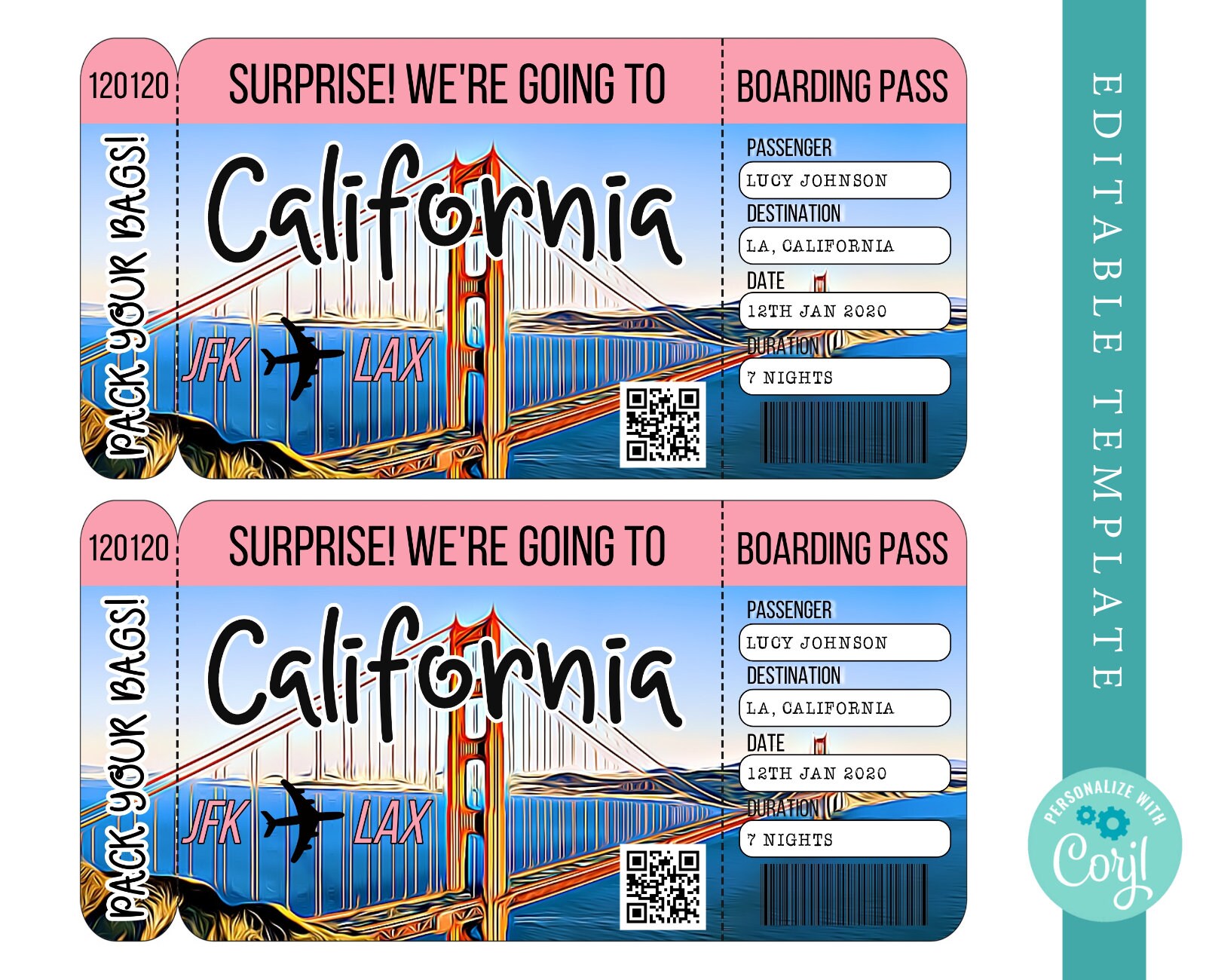 Editable California Boarding Pass Printable Surprise Airline | Etsy