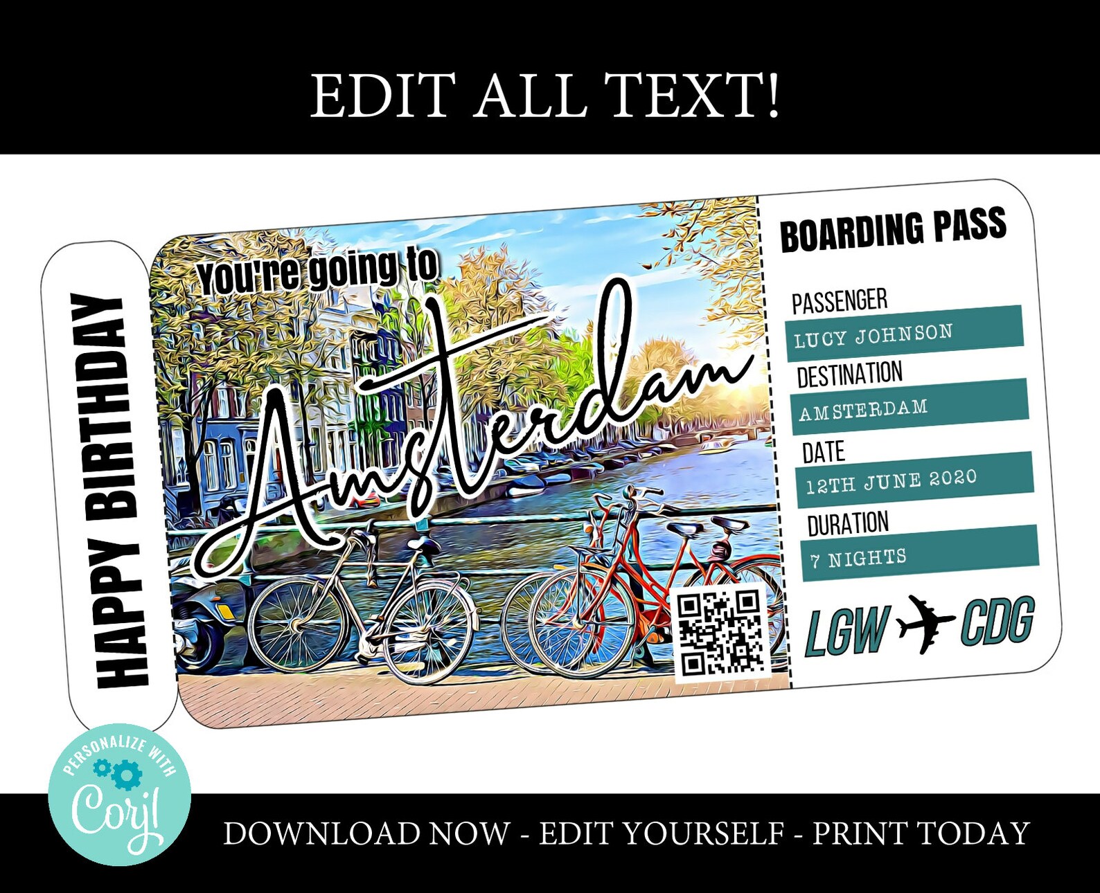 Amsterdam boarding pass template trip to Amsterdam airplane Etsy