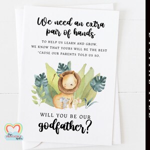 você será nosso cartão de padrinho safari para impressão diy, precisamos de um par extra de mãos proposta de padrinho poema fofo download digital de gêmeos