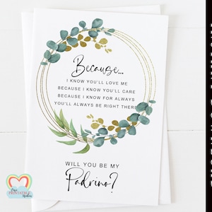 Serez-vous ma carte Padrino imprimable parce que je sais que vous m'aimez proposition de poème Padrino feuilles d'eucalyptus or couronne de fleurs moderne