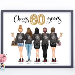 Stampa digitale per il compleanno di 60 anni / Arte personalizzata per i migliori amici / Regalo di gruppo personalizzato per donne / Decorazione divertente per il 60° compleanno